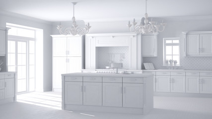 Total white project of classic vintage luxury kitchen, island with two big chandeliers pendant lamps and big window, contemporary architecture interior design