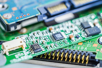 Computer circuit cpu chip mainboard core processor electronics device : concept of data, hardware, technician and technology.