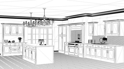 Interior design project, black and white ink sketch, architecture blueprint showing classic vintage luxury kitchen, island with big chandeliers and window, contemporary architecture