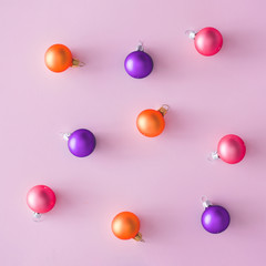 Creative layout made of colorful Christmas decoration. Flat lay.  Christmas minimal background.
