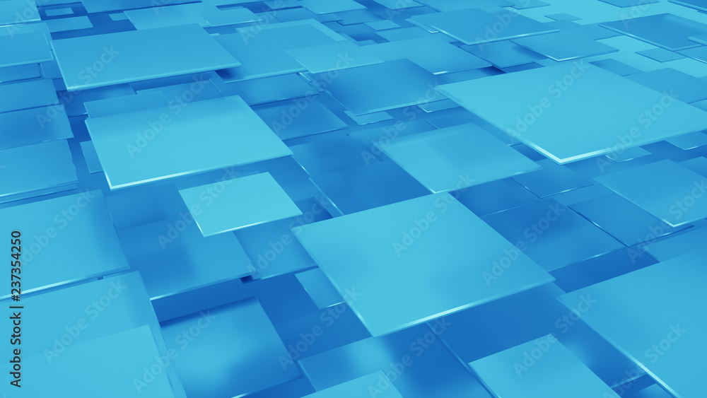Poster multilayered composition of blue squares 3d rendering