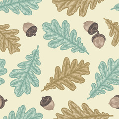 Engraving seamless pattern of Oak Leaf and Acorn.