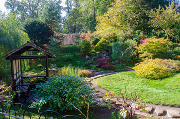 View of Japanese Style garden in England with Pagoda overlooking