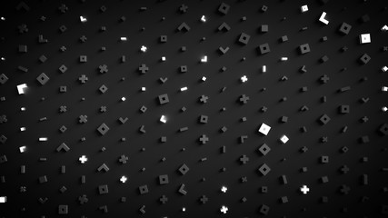 Glowing geometric shapes on black 3D render illustration