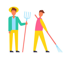 farmer with Hayfork and Rake Vector Illustration