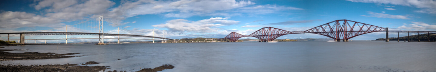 Panorama of Forth Bridge, Forth Road Bridge and Queensferry Crossing Bridge