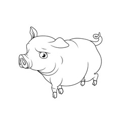 Big fat pig with cute eyes walking, outline