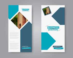Narrow flyer and leaflet design. Set of two side brochure templates. Vertical banners. Blue color. Vector illustration mockup.