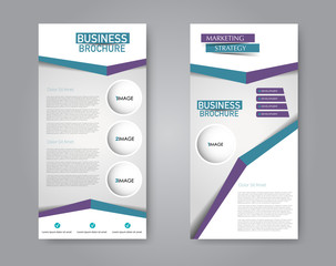 Narrow flyer and leaflet design. Set of two side brochure templates. Vertical banners. Blue and purple color. Vector illustration mockup.
