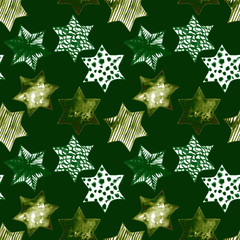 Seamless Watercolor Stars Pattern. Magic Festive Background. Hand Drawn Doodle Stars. Baby Design. Abstract Rapport for Wallpaper, Textile, Linen, Wrapping, Posters, Cards, Banner. New Year, Birthday 