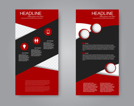 Narrow flyer and leaflet design. Set of two side brochure templates. Vertical banners. Red and black color. Vector illustration mockup.