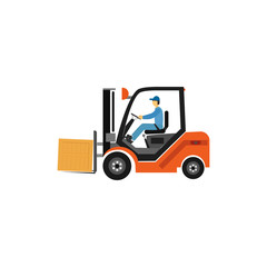 Forklift truck with man driving in the cabin.  Vector illustration. Delivery concept cargo.