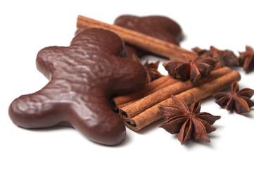 closeup of christmas gingerbread chocolate coated biscuit in shaped man with anise flower and cinnamon stick on white background