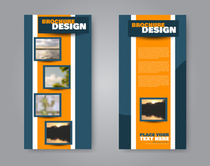 Narrow flyer and leaflet design. Set of two side brochure templates. Vertical banners. Blue and orange colors. Vector illustration mockup.