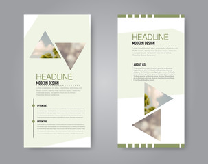 Narrow flyer and leaflet design. Set of two side brochure templates. Vertical banners. Green colors. Vector illustration mockup.
