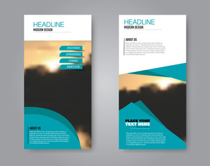 Narrow flyer and leaflet design. Set of two side brochure templates. Vertical banners. Blue colors. Vector illustration mockup.