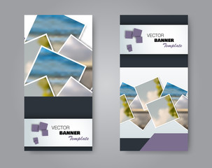 Narrow flyer and leaflet design. Set of two side brochure templates. Vertical banners. Purple colors. Vector illustration mockup.