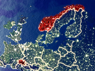 EFTA countries from space on Earth at night. Very fine detail of the plastic planet surface with bright city lights.