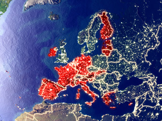 Eurozone member states from space on Earth at night. Very fine detail of the plastic planet surface with bright city lights.