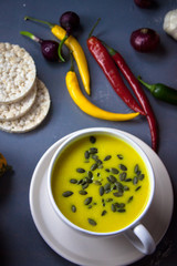 Pumpkin asian coconat cream soup. Autumn hot food