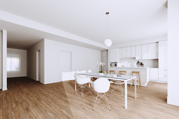 White Modern Kitchen and Dining Room Furniture in new Minimalistic Interior 3d render