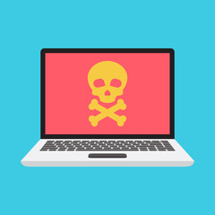 Malware, virus on laptop, danger notification on laptop, illustration flat design style