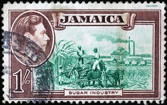 Sugar industry on vintage jamaican postage stamp