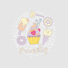 Sweet fun cartoon cupcake with colored frosting and strawberry. Cartoon cupcake icon with decoration elements such as donut, lollipop, ice cream and curved lines. Colored cupcake icon vector.
