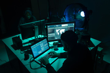 Internet fraud, darknet, data thiefs, cybergrime concept. Hacker attack on government server....