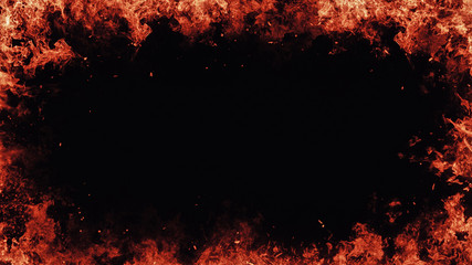Blazing flames frame over black  isolated background