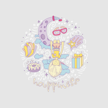 A little girl sleeping and dreaming, hanging on a crescent moon among the stars, clouds dift box, donut and glasses. Little girl dreaming on the moon. Dreaming little girl cartoon hand draw