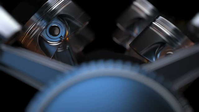 V8 motor with working pistons and crankshafts inside camera fly through. Concept of automobile engine