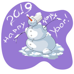 snowman congratulates happy new year drawn by hand on ultraviolet background