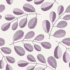Fototapeta na wymiar Embroidery floral seamless pattern on linen cloth texture