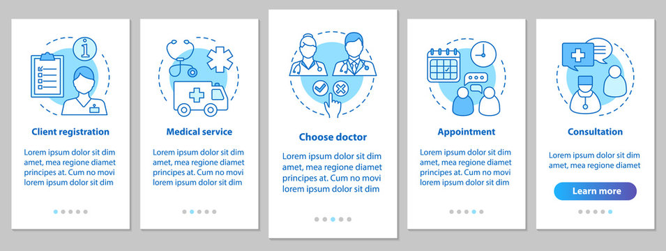 Medical service onboarding mobile app page screen with linear co