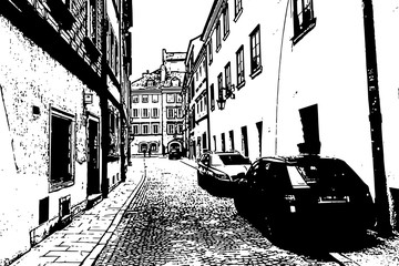 European city. Old town narrow street with parked cars. Vintage hand drawn sketch