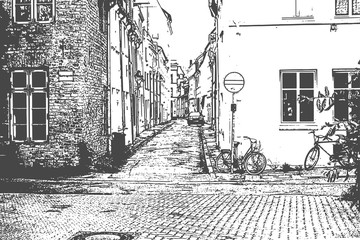 European city. Old town narrow street with stop sign. Vintage hand drawn sketch