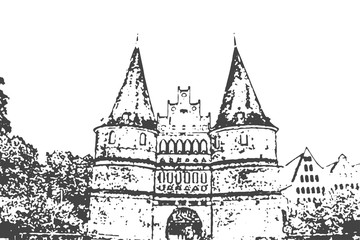Lubeck Holsten gate. Popular sightseeing. Hand drawn sketch