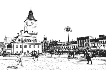 Brasov city square. Vintage hand drawn sketch
