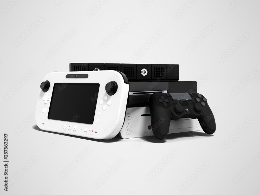 Poster concept of gaming consoles for games at home or on the street 3d render on gray background with shad