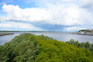 NIZHNY NOVGOROD, RUSSIA - JUNE 16, 2018: View to Volga river from Kanavinsky Bridge
