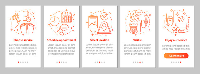 Naklejka premium Nail salon onboarding mobile app page screen with linear concept