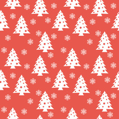Christmas Seamless Pattern. White Trees On Red Background. Vector Illustration.