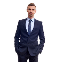 business, people and office concept - happy smiling businessman in suit