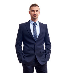 business, people and office concept - happy smiling businessman in suit