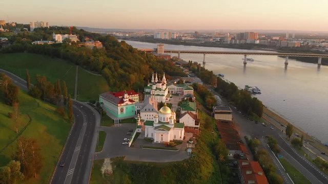 Drone image over Fedorovsky Embankment during sunset