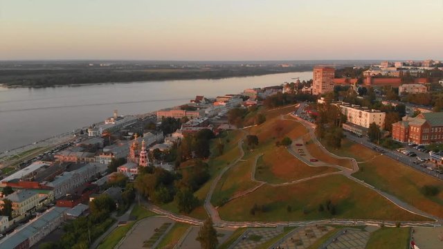 Drone image over Fedorovsky Embankment during sunset