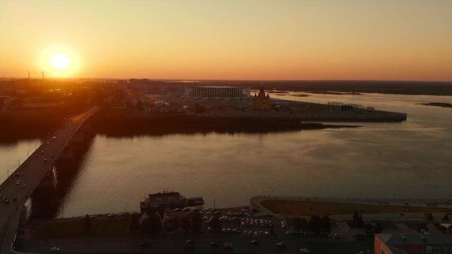 Drone image over Fedorovsky Embankment during sunset