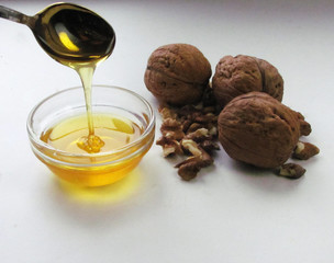 Walnut with honey, honey, walnut, brown, nut, healthy. 