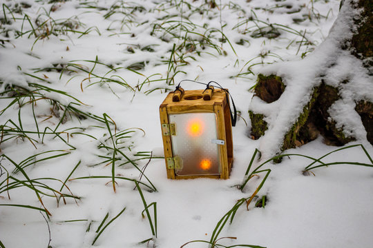 Wooden lantern candlestick in the winter forest
